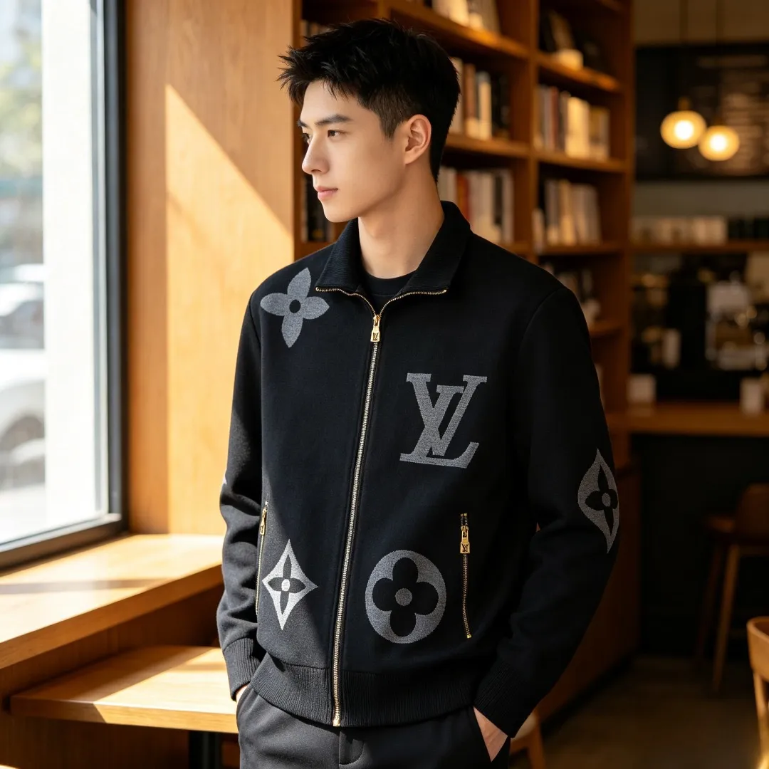 Louis Vuitton/Louis Vuitton Grand Logo Jacquard Stand Collar Knit Jacket Jacket